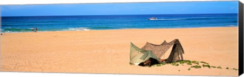 Framed Tent on the beach, Polihale State Park, Kauai, Hawaii, USA Print