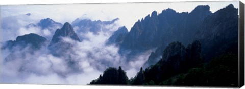 Framed High angle view of misty mountains, Huangshan Mountains, Anhui Province, China Print