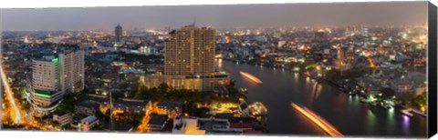 Framed High angle view of city at dusk, Chao Phraya River, Bangkok, Thailand Print