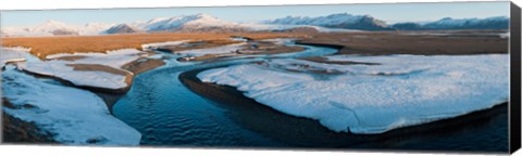 Framed Snow along a river with mountains in background, Eskey, Hofn, Iceland Print