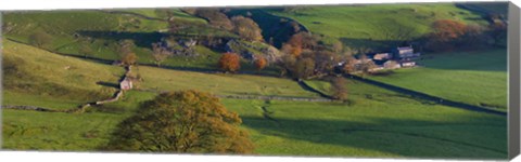 Framed High angle view of a village in valley, Dove Dale, White Peak, Peak District National Park, Derbyshire, England Print