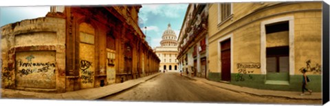 Framed Buildings along street, El Capitolio, Havana, Cuba Print