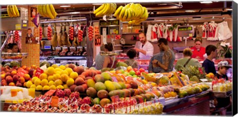 Framed Fruits at market stalls, La Boqueria Market, Ciutat Vella, Barcelona, Catalonia, Spain Print