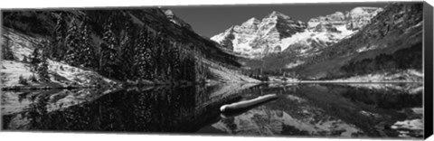 Framed Reflection of a mountain in a lake in black and white, Maroon Bells, Aspen, Colorado Print