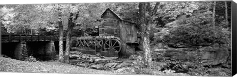 Framed Black &amp; White View of Glade Creek Grist Mill, Babcock State Park, West Virginia, USA Print