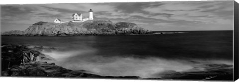 Framed Nubble Lighthouse in black and white, Cape Neddick, Maine Print