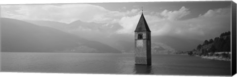 Framed Clock tower in a lake, Reschensee, Italy (black and white) Print