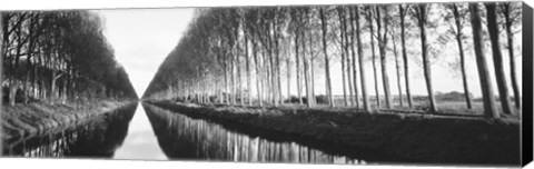 Framed Belgium, tree lined waterway through countryside (black and white) Print