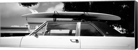 Framed California, Surf board on roof of car (black and white) Print