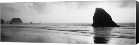 Framed Silhouette of rocks on the beach, Fort Bragg, Mendocino, California (black and white) Print