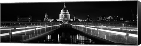 Framed Bridge lit up at night, London Millennium Footbridge, St. Paul&#39;s Cathedral, Thames River, London, England Print