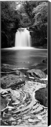 Framed Waterfall In A Forest, Thomason Foss, Goathland, North Yorkshire, England, United Kingdom (black and white) Print
