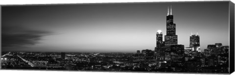 Framed Chicago Skyline at Night (black &amp; white) Print