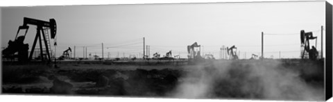 Framed Oil drills in a field, Maricopa, Kern County, California (black and white) Print