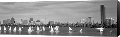 Framed Black and white view of boats on a river by a city, Charles River,  Boston Print