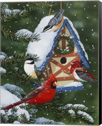 Framed Birds At Feeder (Winter) Print
