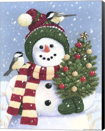 Framed Snowman Holding A Christmas Tree Print