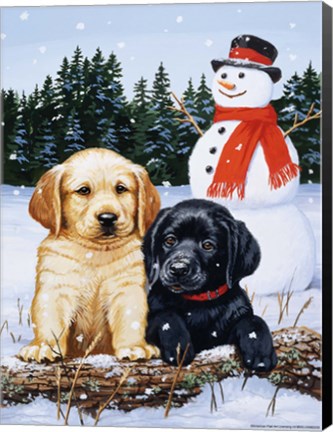 Framed Lab Puppies With Snowman Print