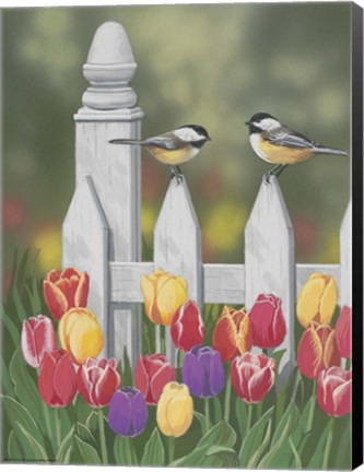 Framed Chickadees And Tulips Print