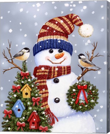 Framed Snowman With Wreath Print