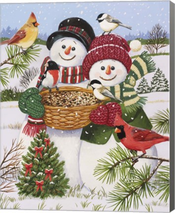 Framed Snow Couple Feeding Birds Print