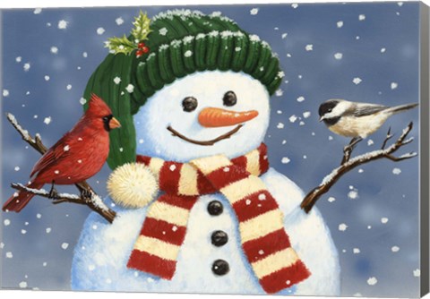 Framed Snowman With Cardinal And Chickadee Print