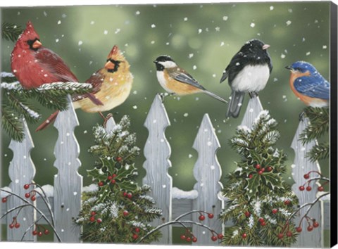 Framed Winter Birds on a Snowy Fence Print