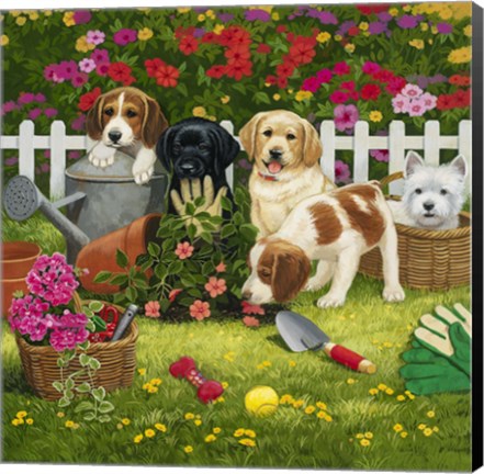 Framed Garden Puppies Print