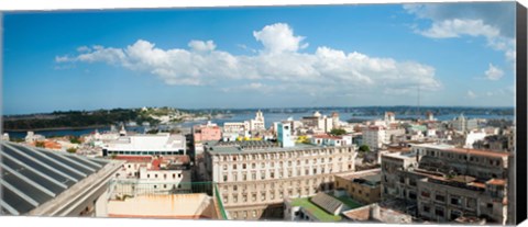 Framed Buildings in a city at the waterfront viewed from a government building, Obispo House, Mercaderes, Old Havana, Havana, Cuba Print