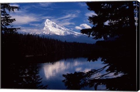 Framed Reflection of a snow covered mountain in a lake, Mt Hood, Lost Lake, Mt. Hood National Forest, Hood River County, Oregon, USA Print