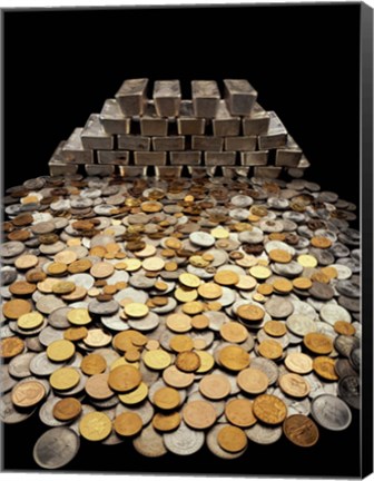 Framed Stack of sliver ingots and pile of coins Print