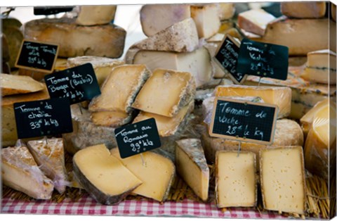 Framed Cheese for sale at a market stall, Lourmarin, Vaucluse, Provence-Alpes-Cote d&#39;Azur, France Print