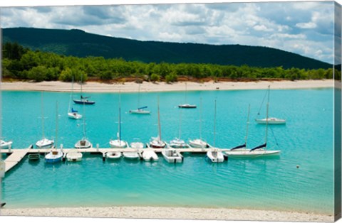 Framed Boats at a harbor, Port Margaridon, Lake of Sainte-Croix, Var, Provence-Alpes-Cote d&#39;Azur, France Print