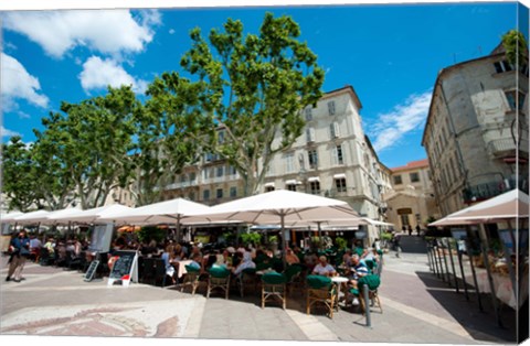 Framed Tourists at sidewalk cafes, Place de l&#39;Horloge, Avignon, Vaucluse, Provence-Alpes-Cote d&#39;Azur, France Print