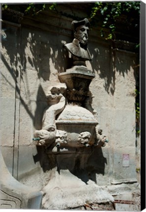 Framed Fountain with the bust of Nostradamus, Rue Carnot, St.-Remy-de-Provence, Bouches-Du-Rhone, Provence-Alpes-Cote d&#39;Azur, France Print