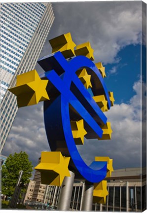 Framed Sculpture of an Euro sign in front of a building, Willy-Brandt-Platz, European Central Bank, Frankfurt, Hesse, Germany Print