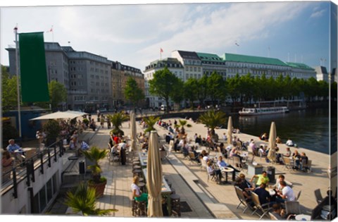 Framed Tourists at a sidewalk cafe, Binnenalster Lake, Hamburg, Germany Print