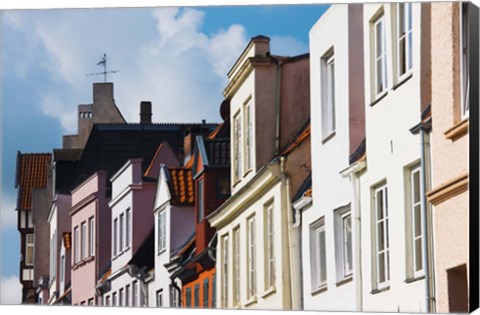Framed Low angle view of old town buildings, Fleischhauer Strasse, Lubeck, Schleswig-Holstein, Germany Print