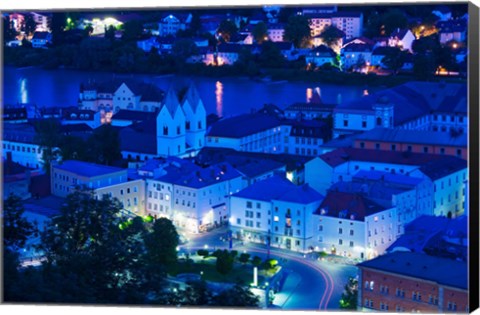 Framed High angle view of old town buildings at night, Passau, Bavaria, Germany Print