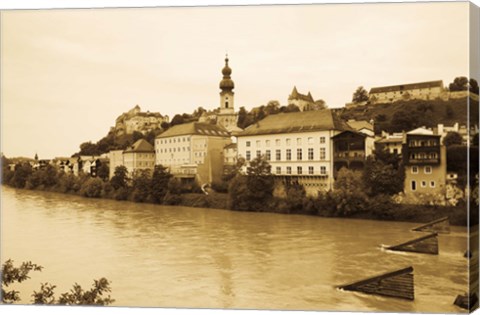 Framed Medieval town at the waterfront, Salzach River, Burghausen, Bavaria, Germany Print