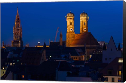 Framed Town hall with a church at night, Munich Cathedral, New Town Hall, Munich, Bavaria, Germany Print