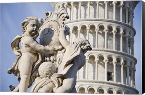 Framed La Fontana dei Putti in front of Leaning Tower of Pisa, Pisa, Tuscany, Italy Print