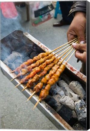 Framed Grilled meat snack stand in a street market, Pudong, Shanghai, China Print