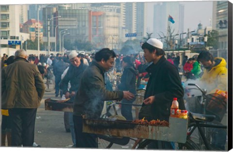 Framed Muslim Chinese Uyghur minority food vendors selling food in a street market, Pudong, Shanghai, China Print