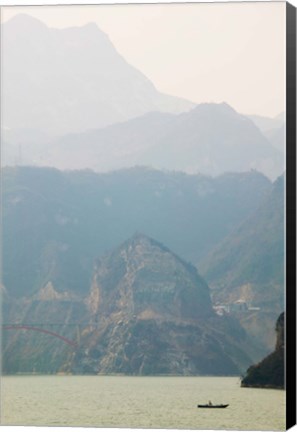 Framed Boat in the river with foggy mountains in the background, Xiling Gorge, Yangtze River, Hubei Province, China Print