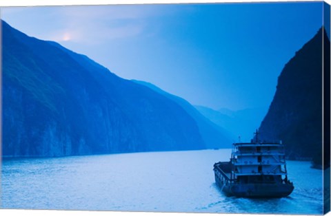 Framed Container ship in the river at sunset, Wu Gorge, Yangtze River, Hubei Province, China Print