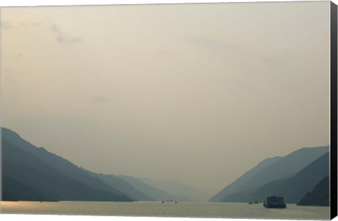 Framed Boats in the river with mountains in the background, Yangtze River, Fengdu, Chongqing Province, China Print