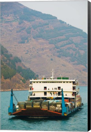 Framed Container ship in the river with mountains in the background, Yangtze River, Fengdu, Chongqing Province, China Print