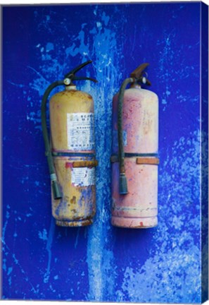 Framed Fire extinguishers on Blue Temple wall, Mingshan, Fengdu Ghost City, Fengdu, Yangtze River, Chongqing Province, China Print