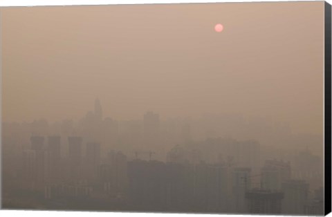 Framed Foggy city view from Yikeshu viewing platform at dusk, Chongqing, Yangtze River, Chongqing Province, China Print